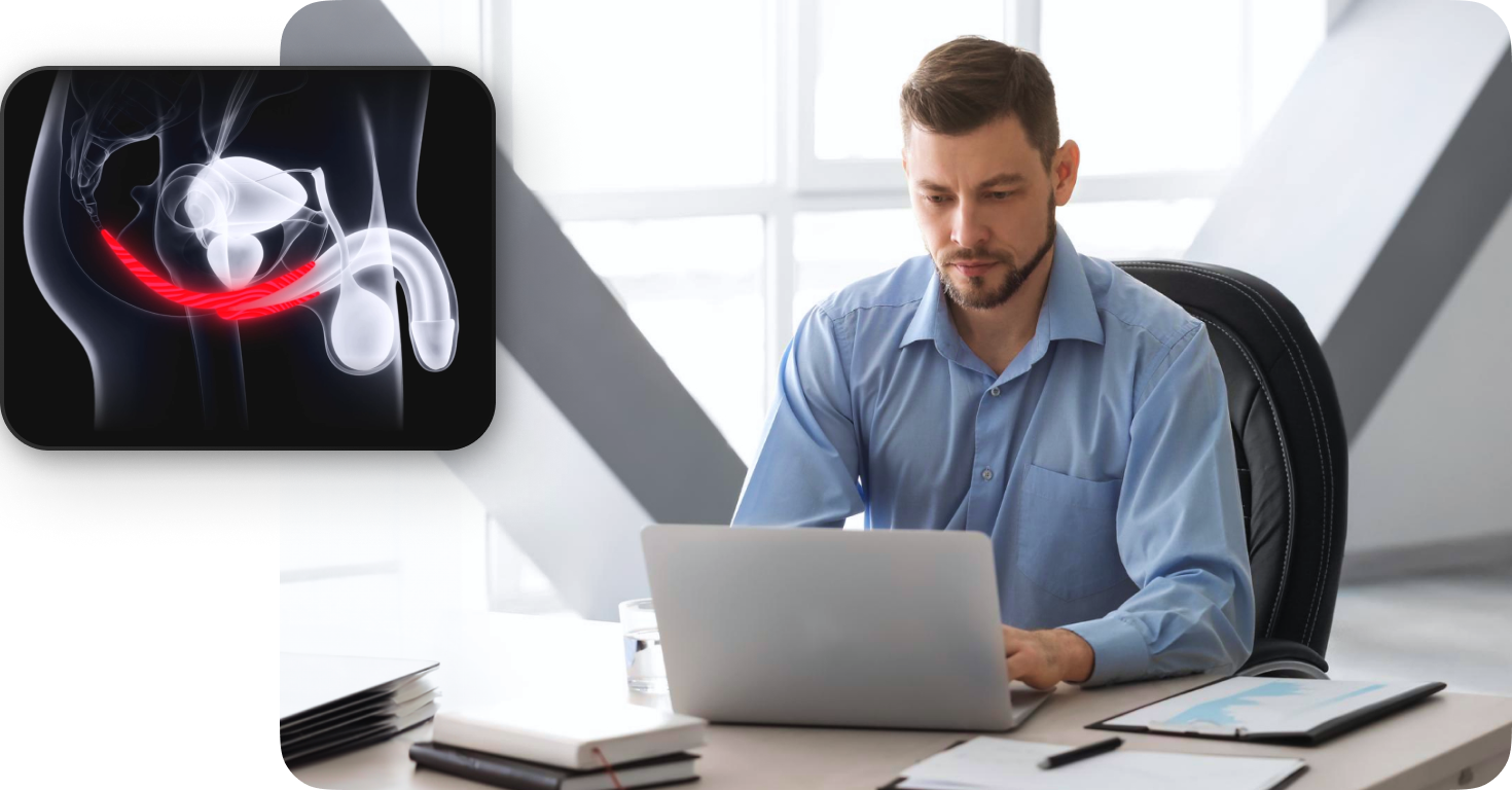 man sitting ar the PC with pelvig floor x-ray muscles image next to him